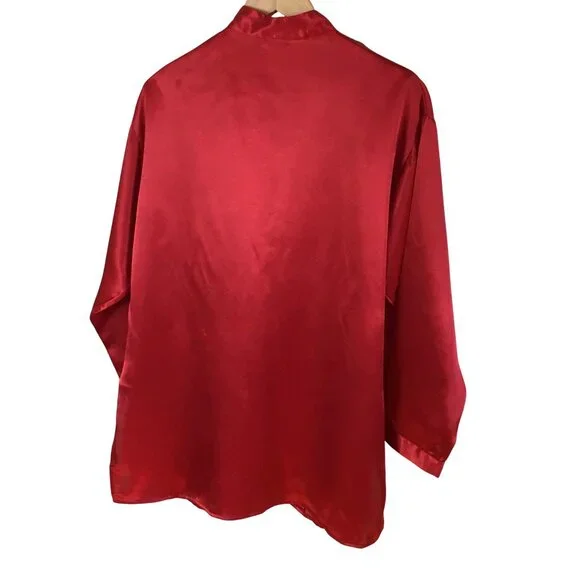 VTG Lingerie Cacique Red Satin Women 2 Pajama Set Mandarin Collar Frog Closure M - Picture 4 of 13